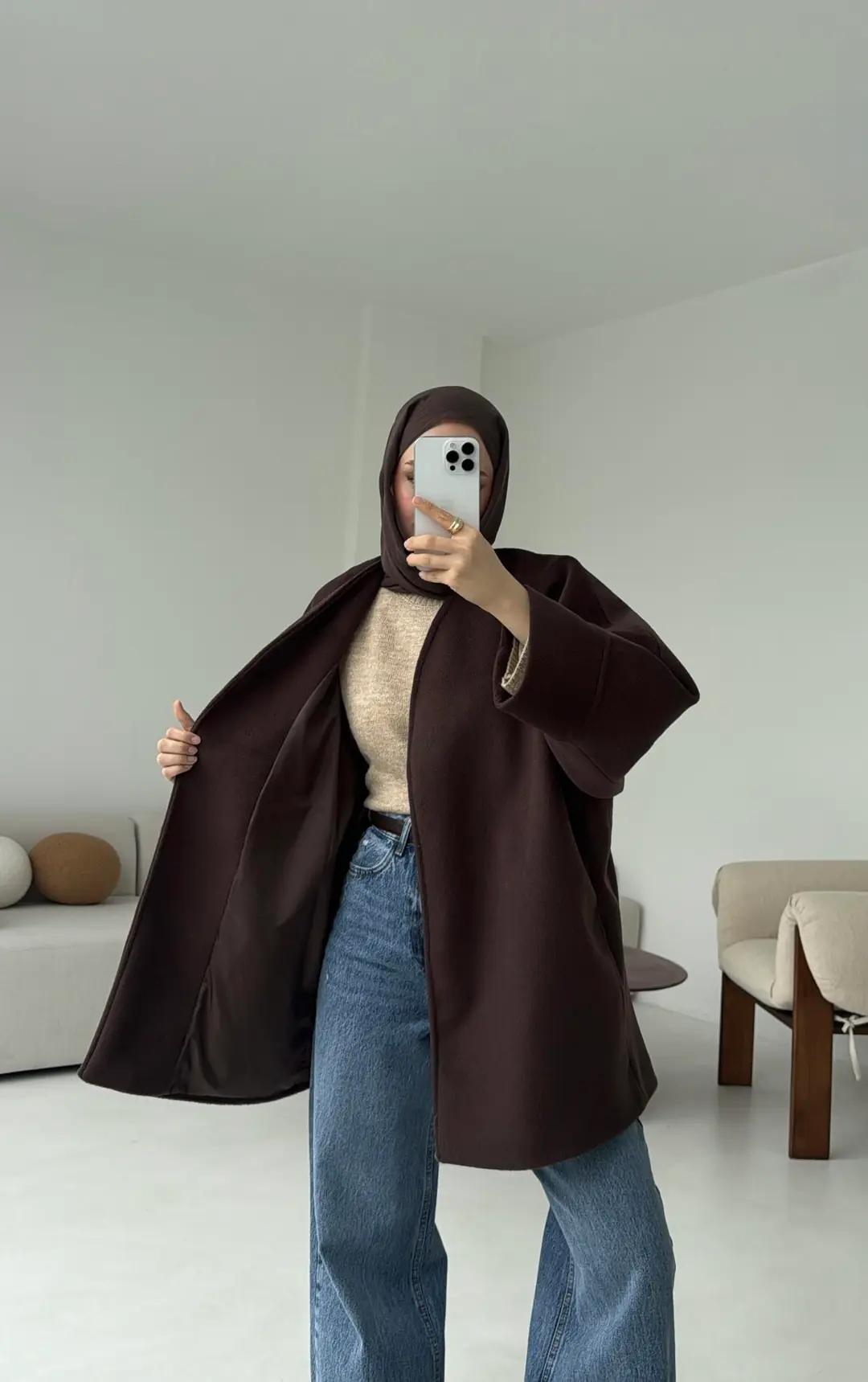 Premium Kuşaklı Kaşe Kaban Kahve