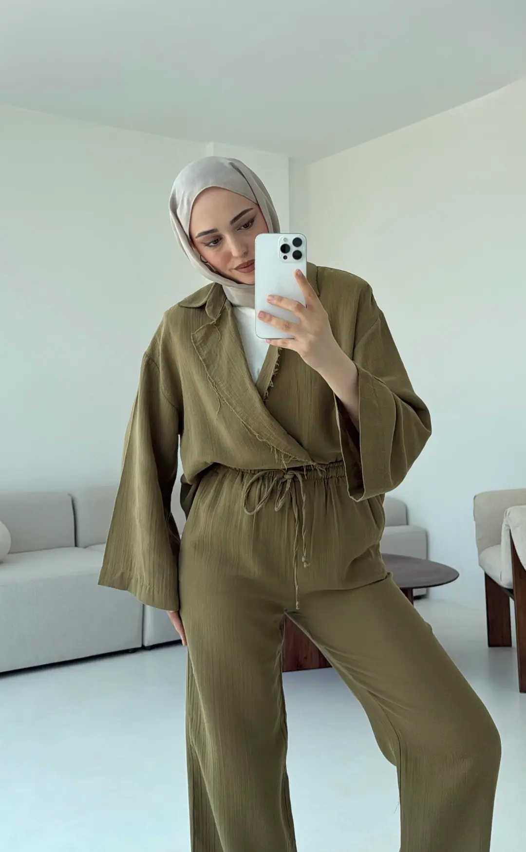 Müslin Düğmeli Kimono Takım Yeşil