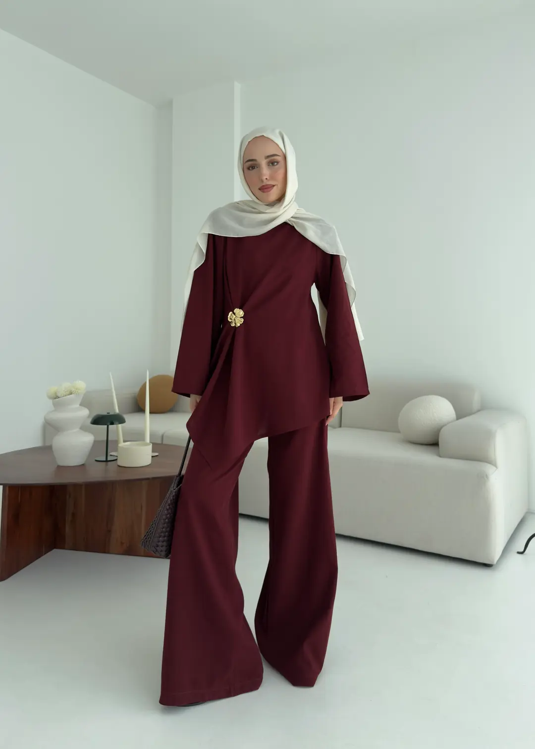 Broş Detay Bluz Takım Bordo
