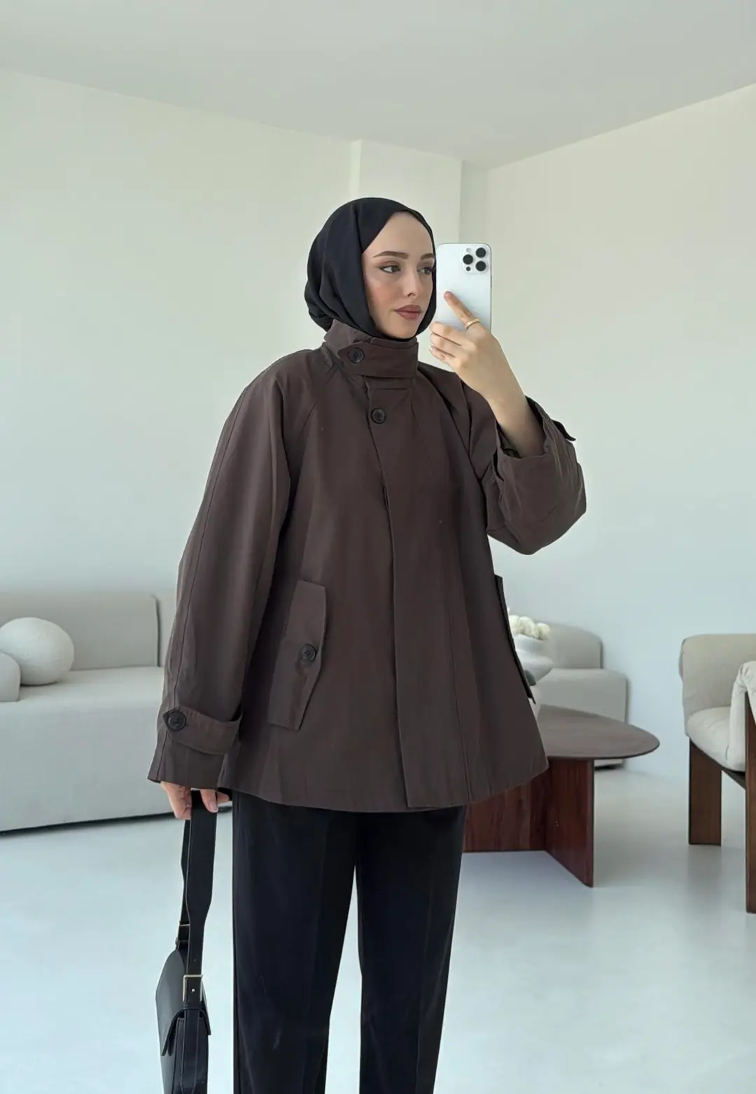 Minimal Yakalı Trençkot Kahve
