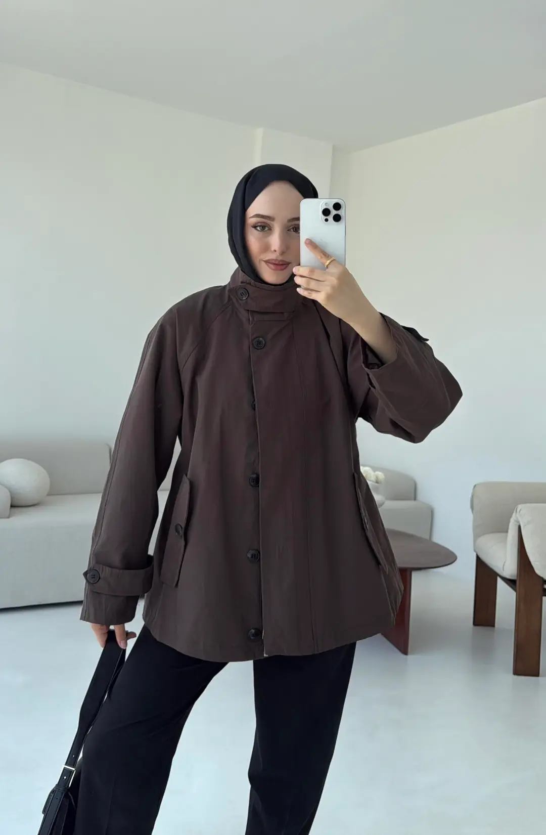 Minimal Yakalı Trençkot Kahve