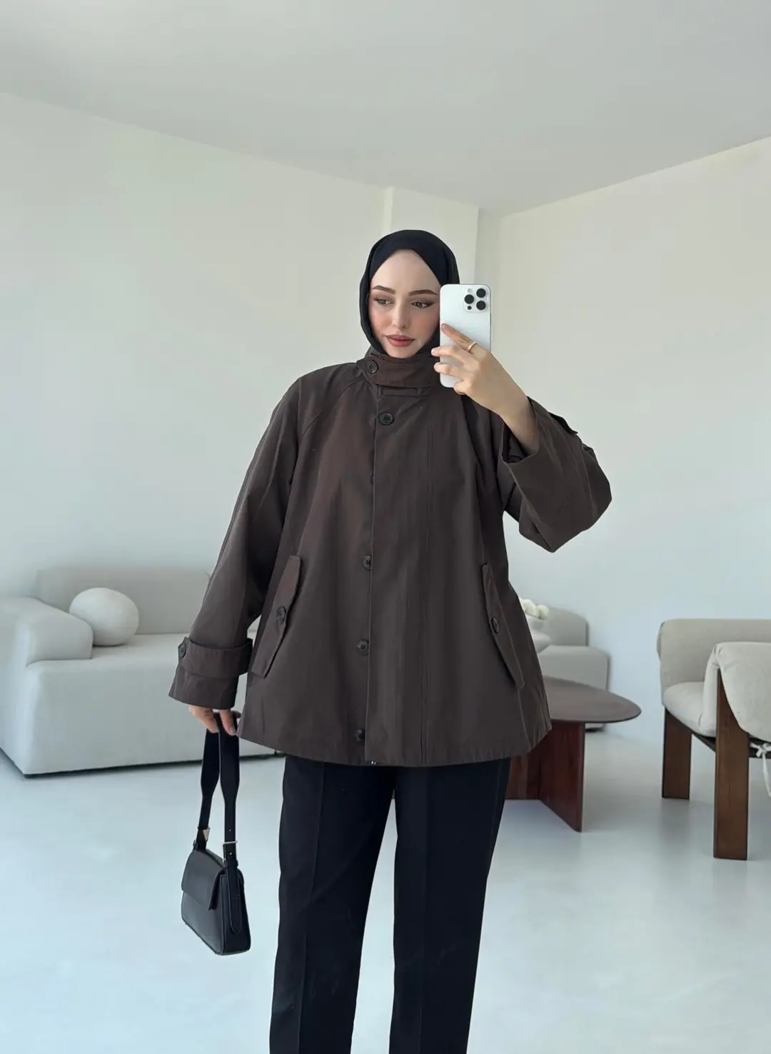 Minimal Yakalı Trençkot Kahve