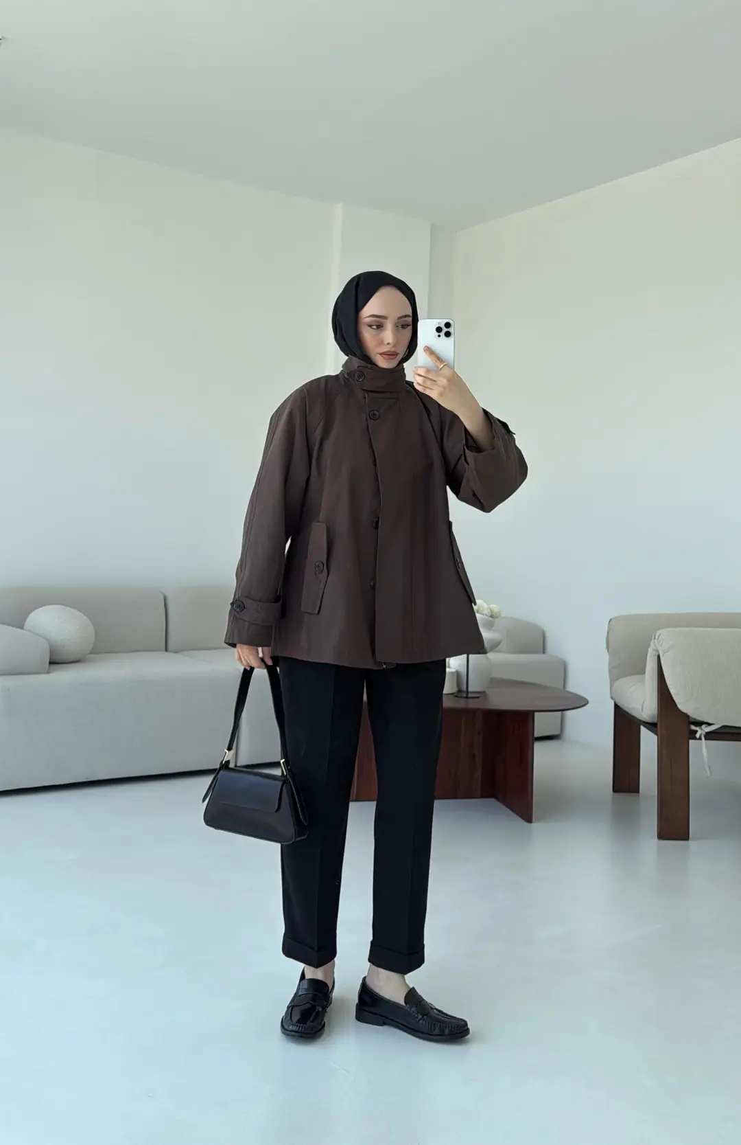 Minimal Yakalı Trençkot Kahve