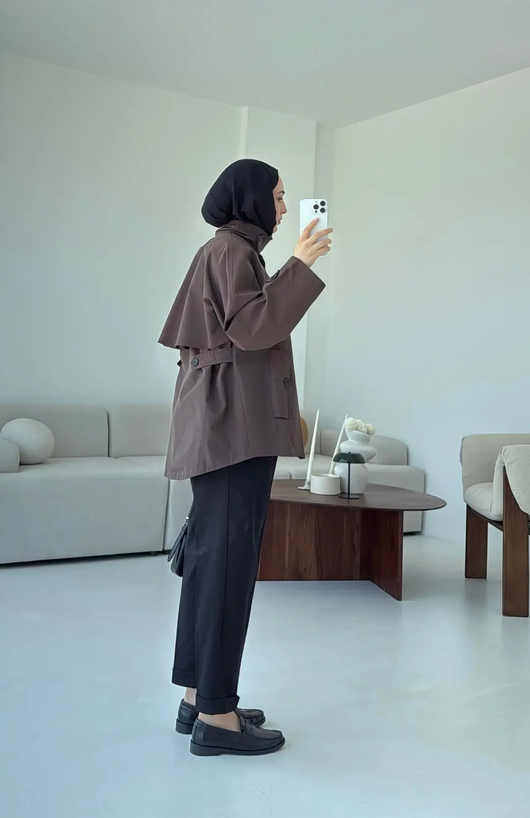 Minimal Yakalı Trençkot Kahve