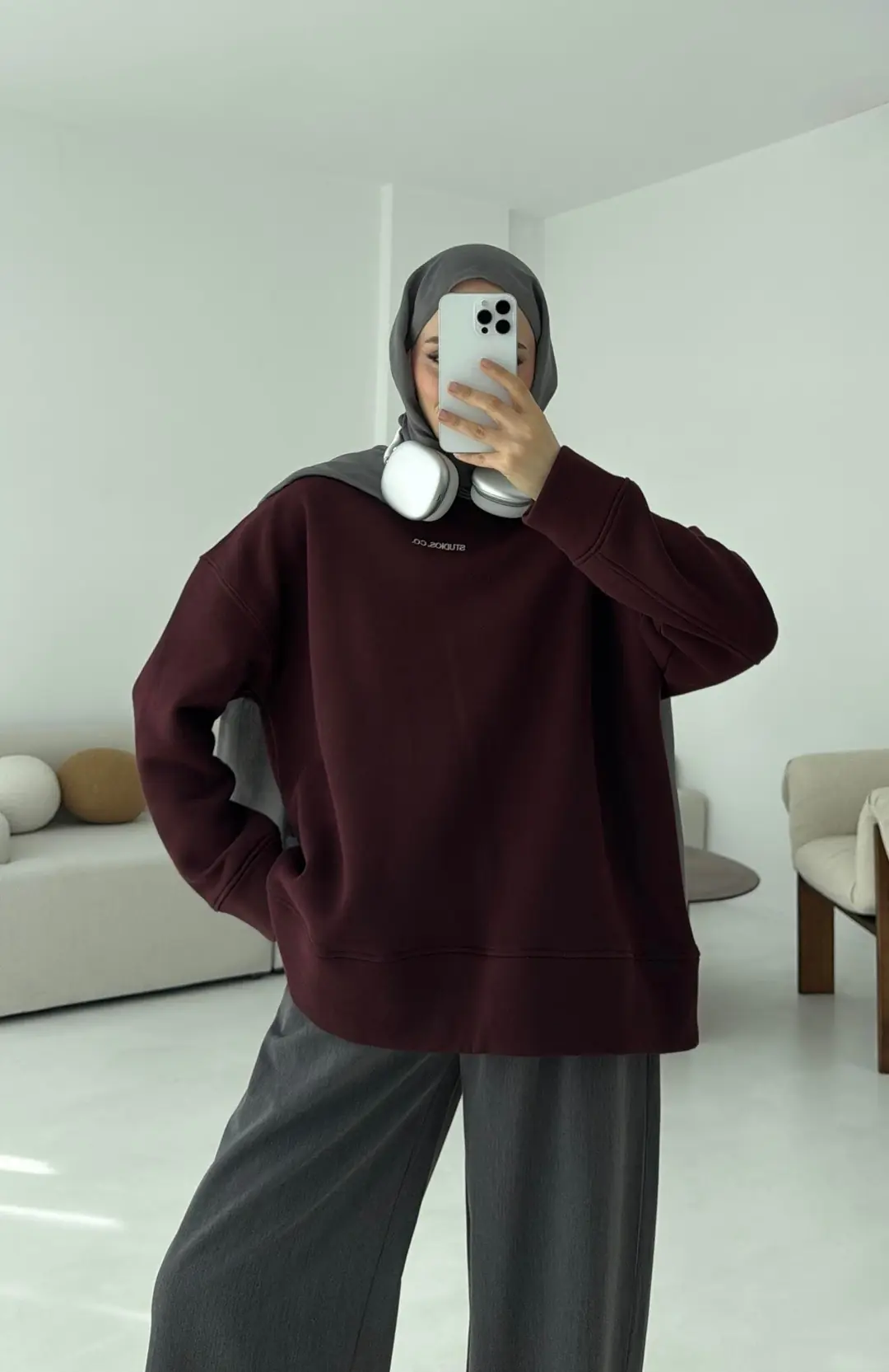Minimal Baskılı Oversize Sweat Bordo