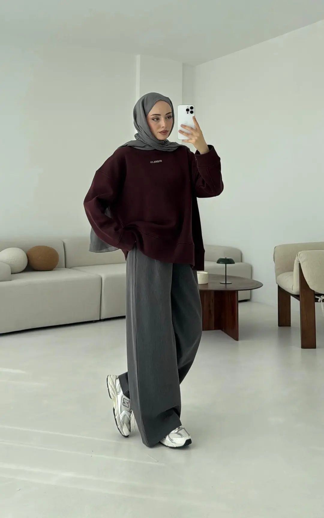 Minimal Baskılı Oversize Sweat Bordo