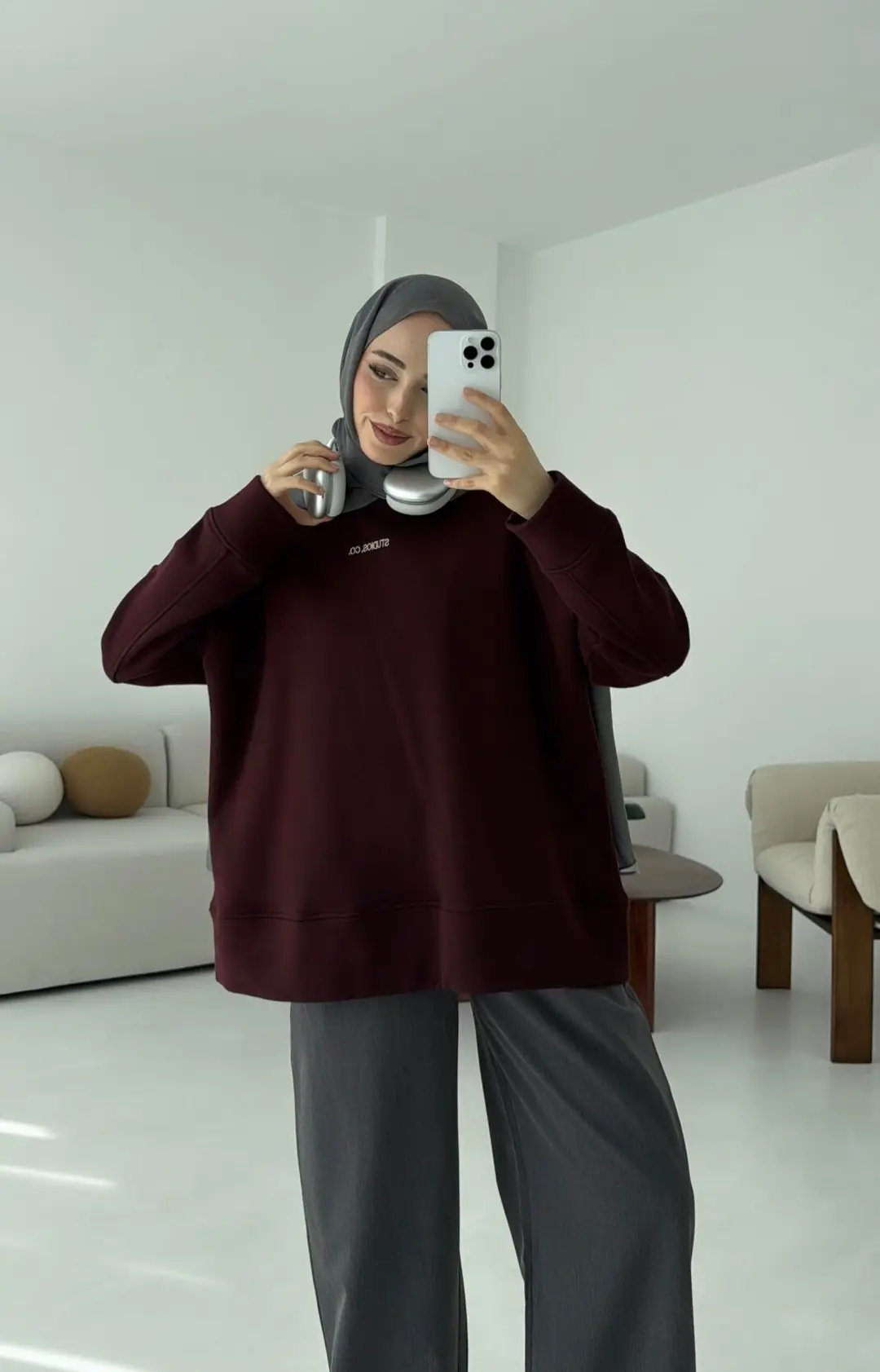 Minimal Baskılı Oversize Sweat Bordo