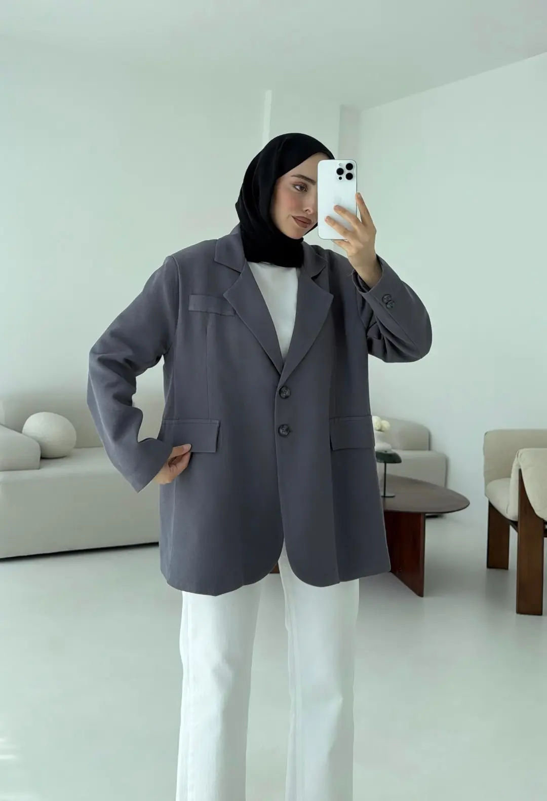 Çift Dügmeli Keten Blazer Antrasit