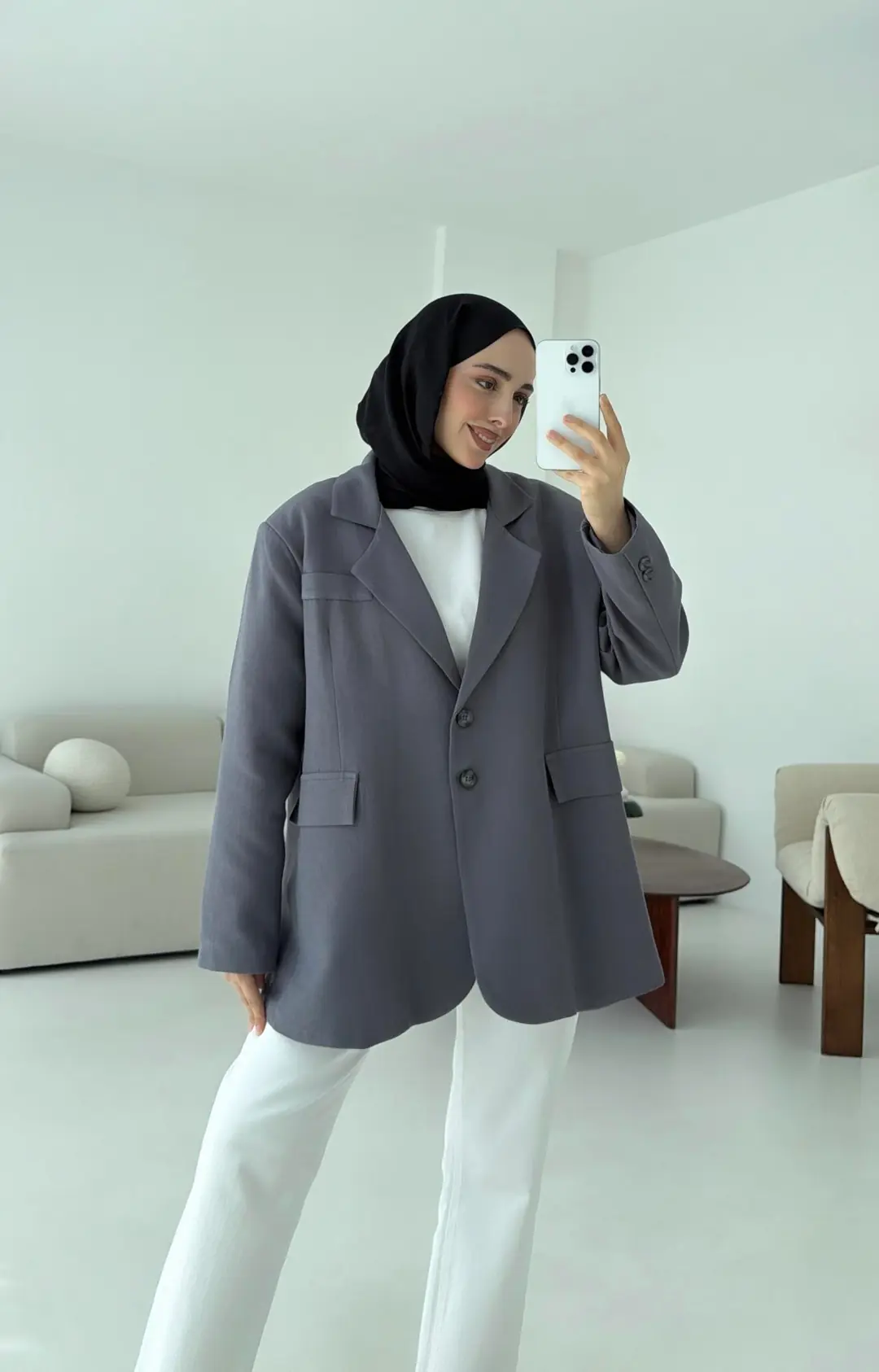 Çift Dügmeli Keten Blazer Antrasit