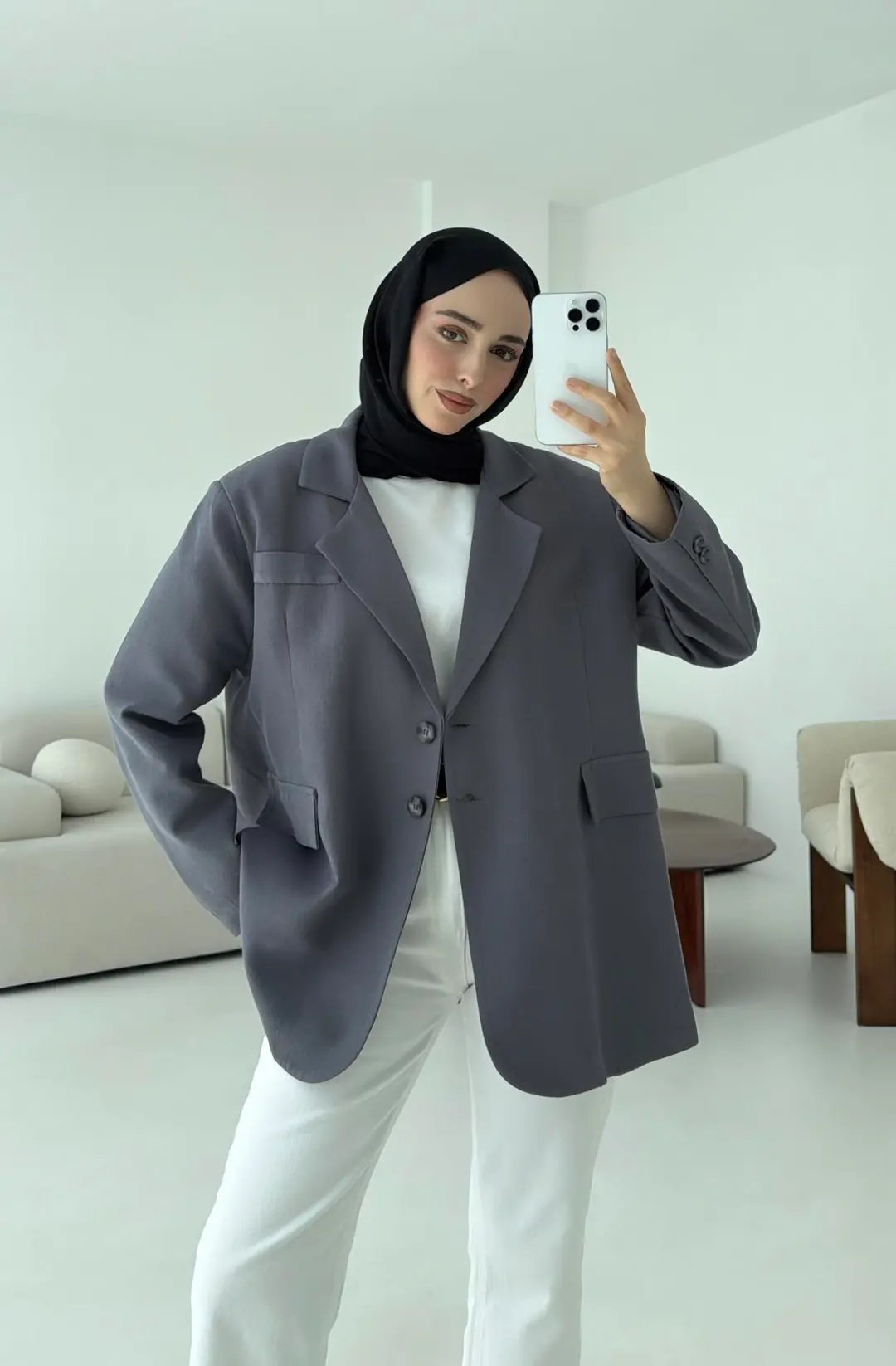 Çift Dügmeli Keten Blazer Antrasit