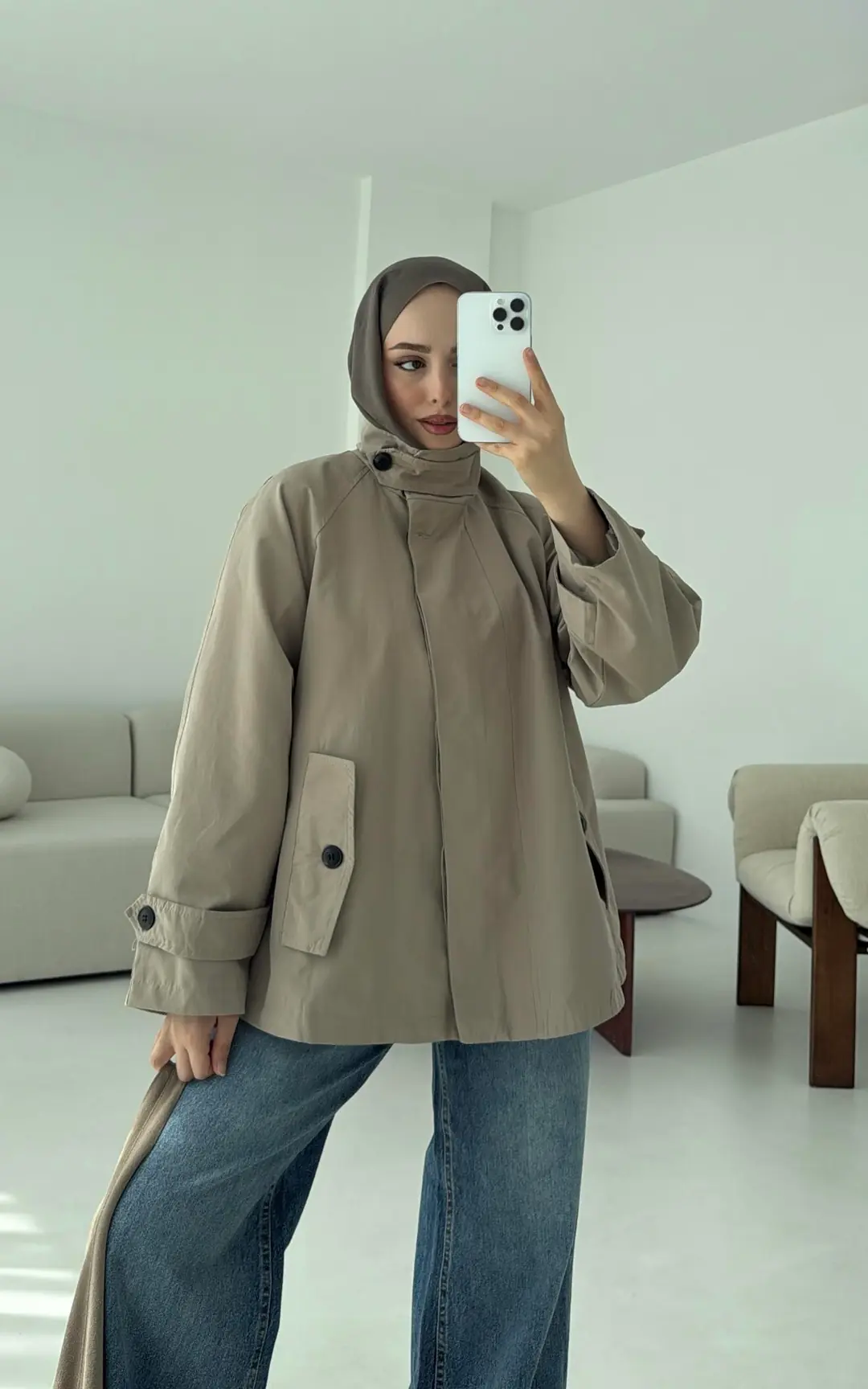 Minimal Yakalı Trençkot Vizon