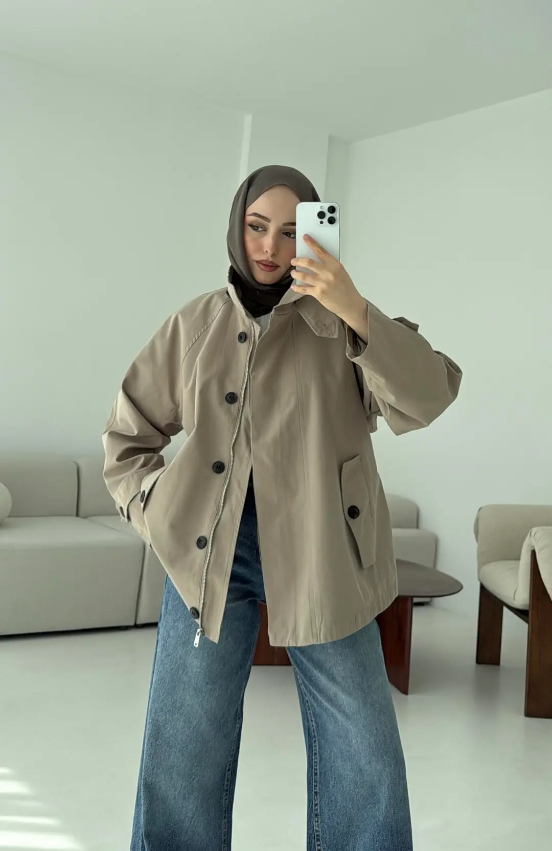 Minimal Yakalı Trençkot Vizon