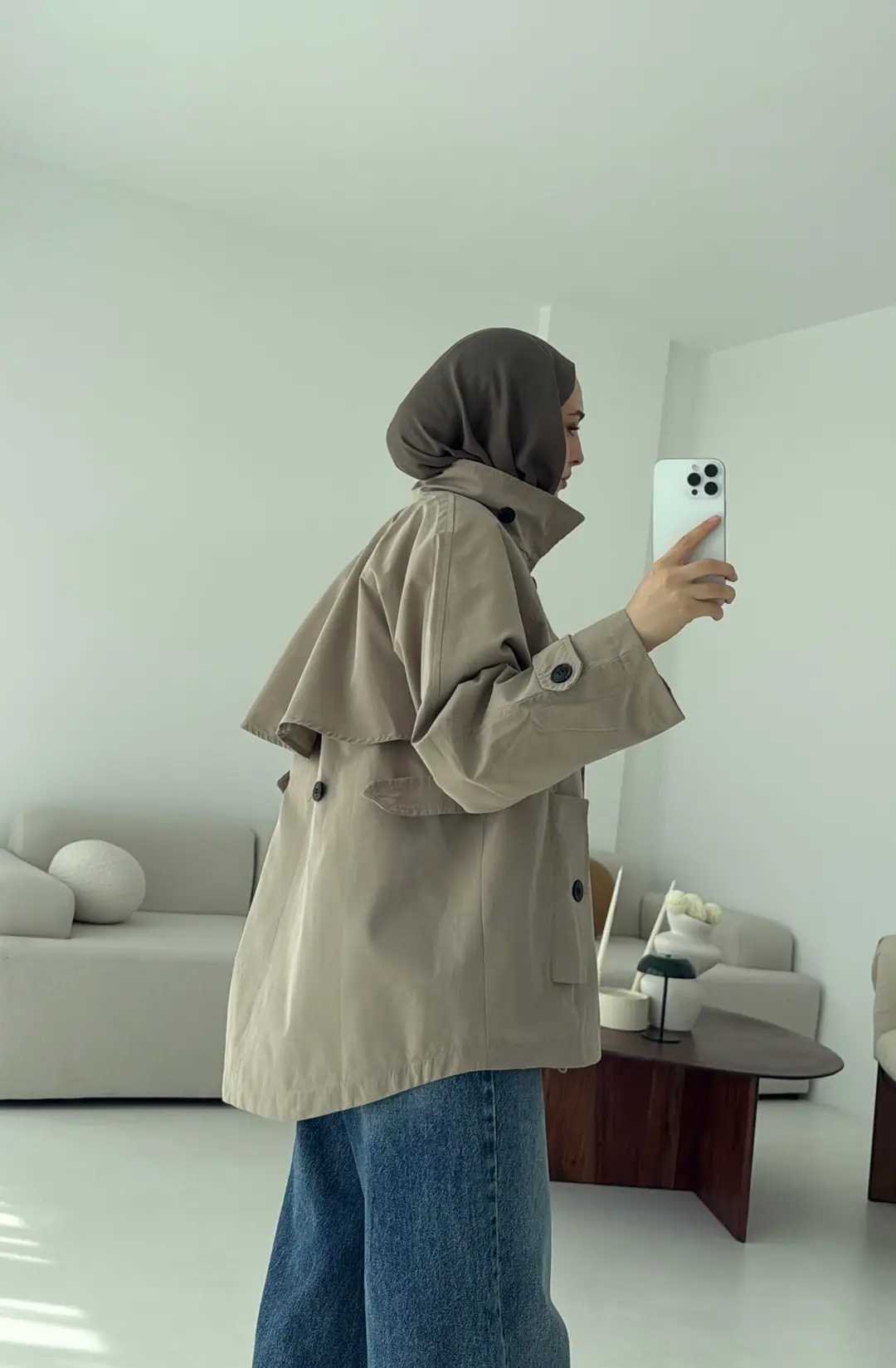 Minimal Yakalı Trençkot Vizon