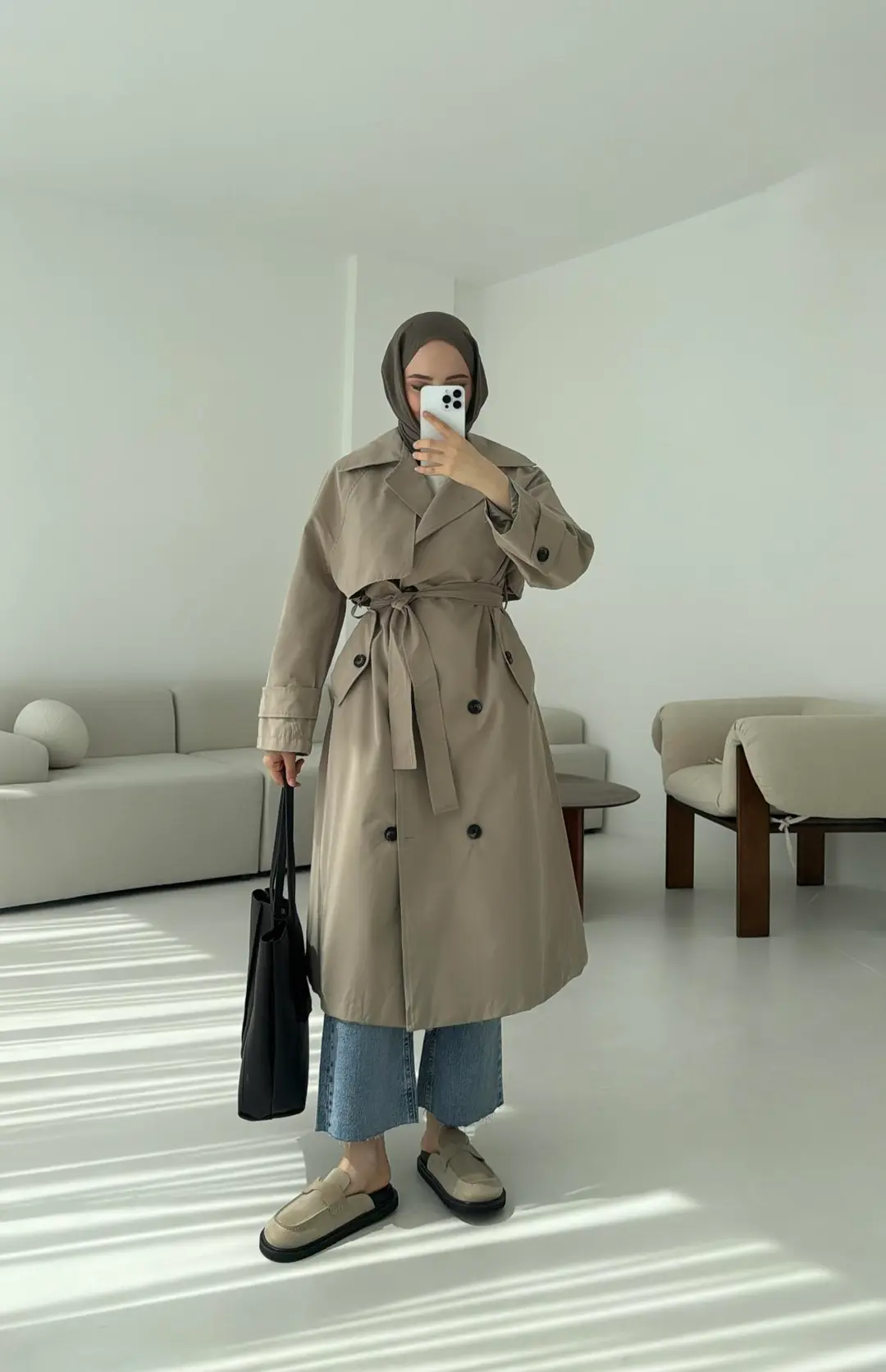 Kuşaklı Premium Trençkot Vizon