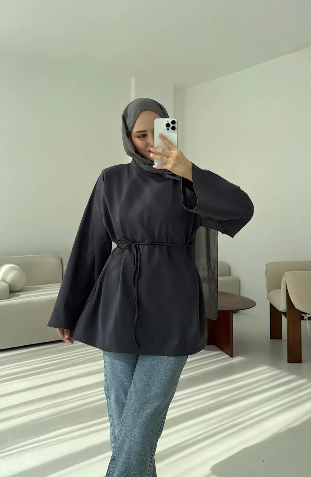 İki iplik Baglamalı Bluz Koyu Gri
