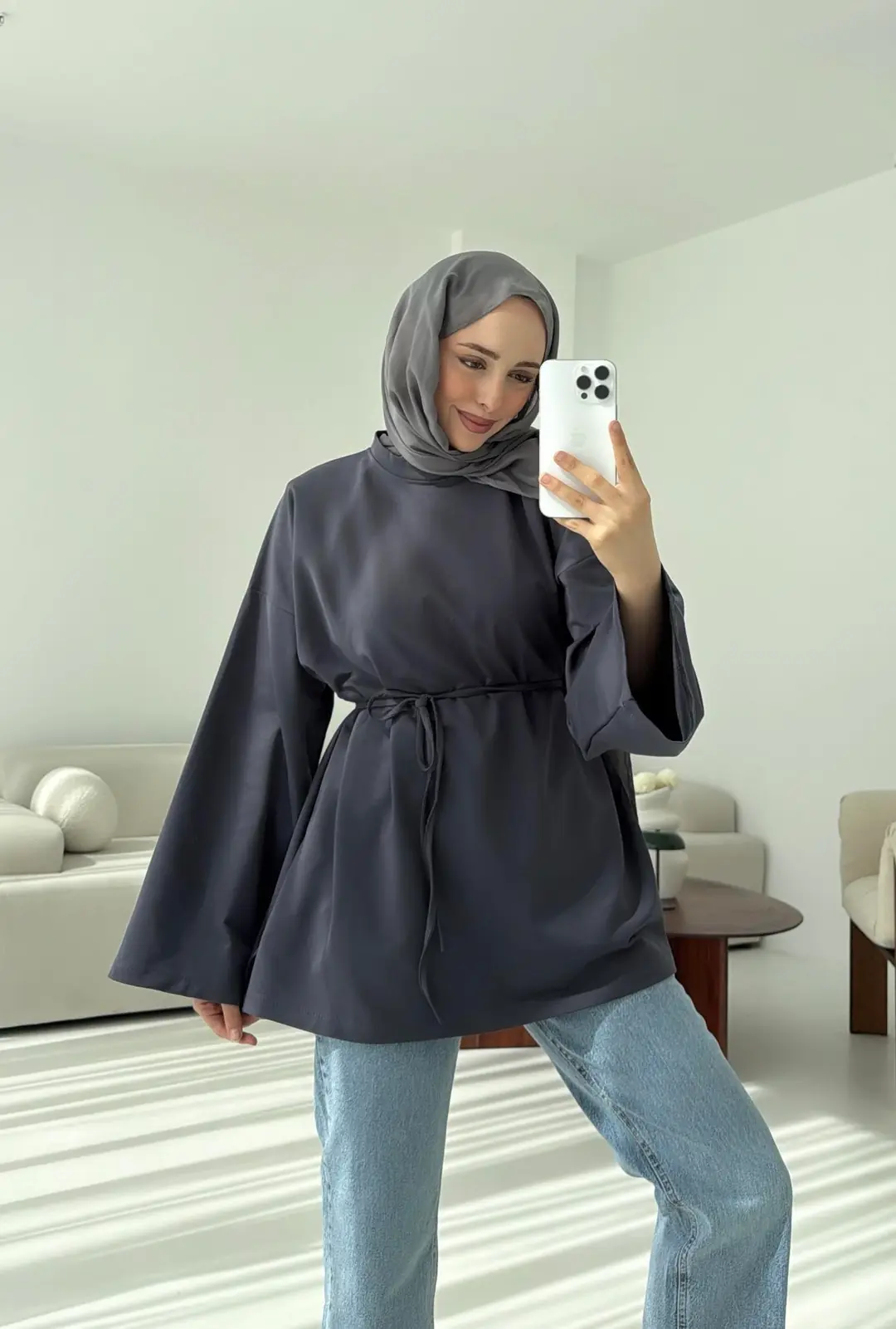 İki iplik Baglamalı Bluz Koyu Gri
