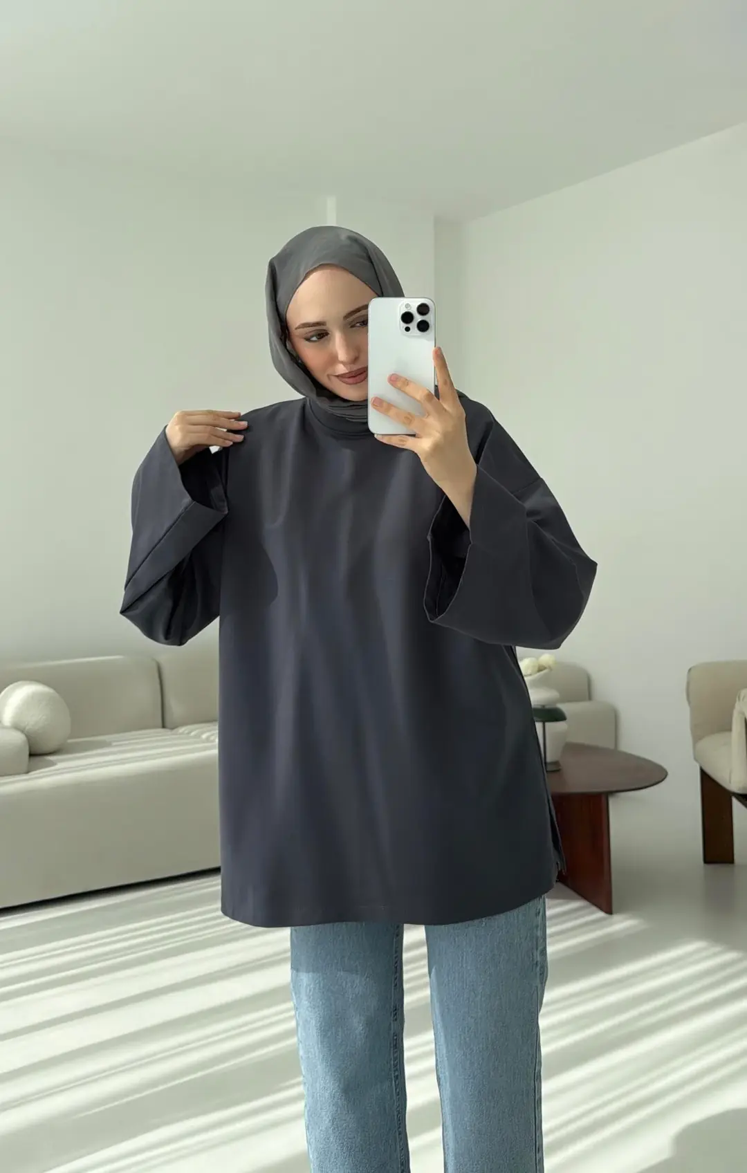 İki iplik Baglamalı Bluz Koyu Gri