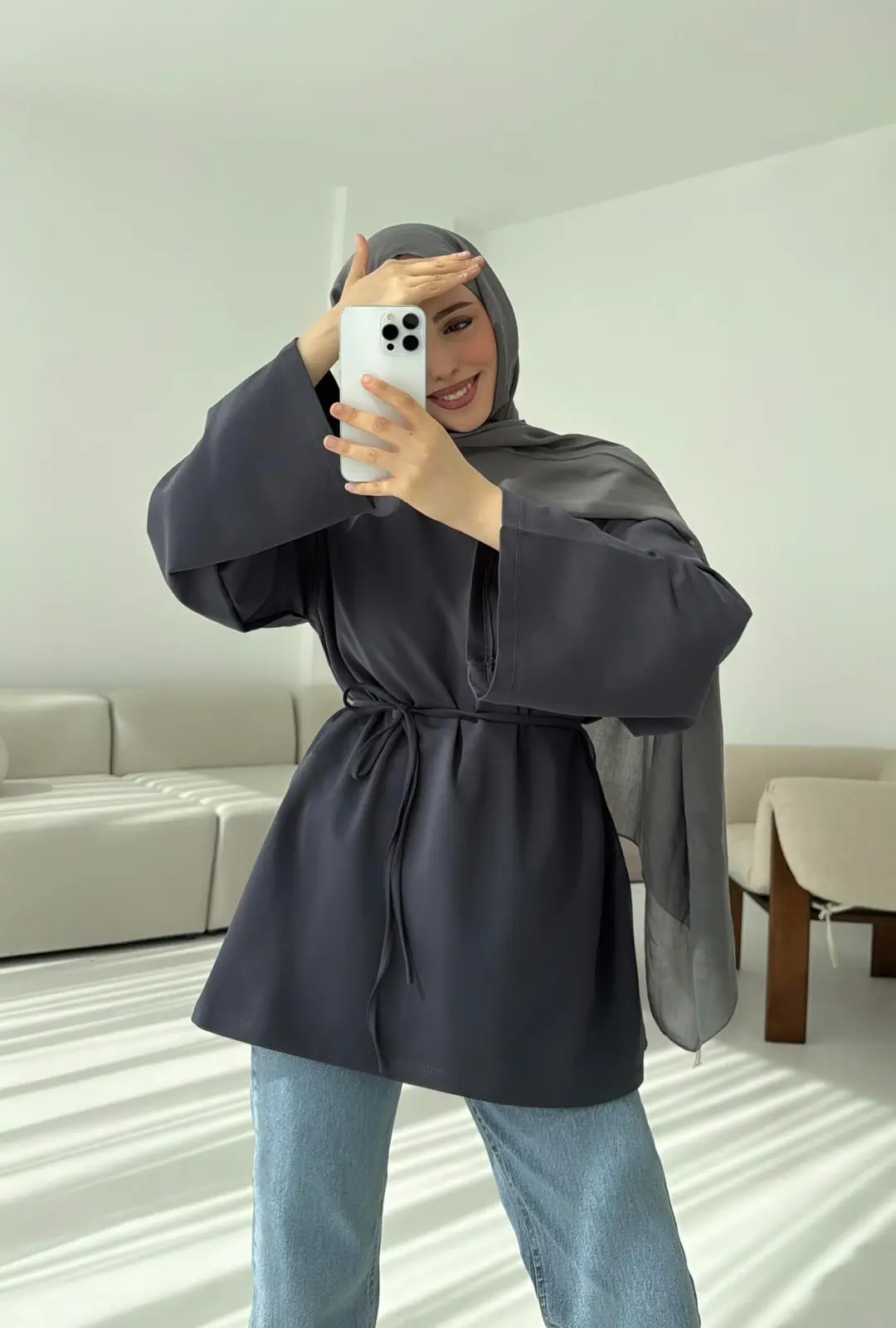 İki iplik Baglamalı Bluz Koyu Gri
