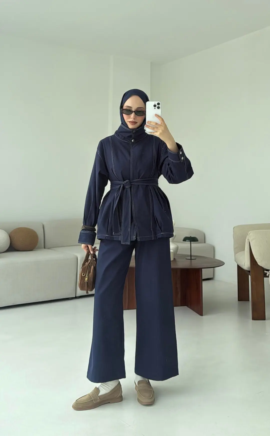 Kontrast Dikişli Gabardin Takım Lacivert