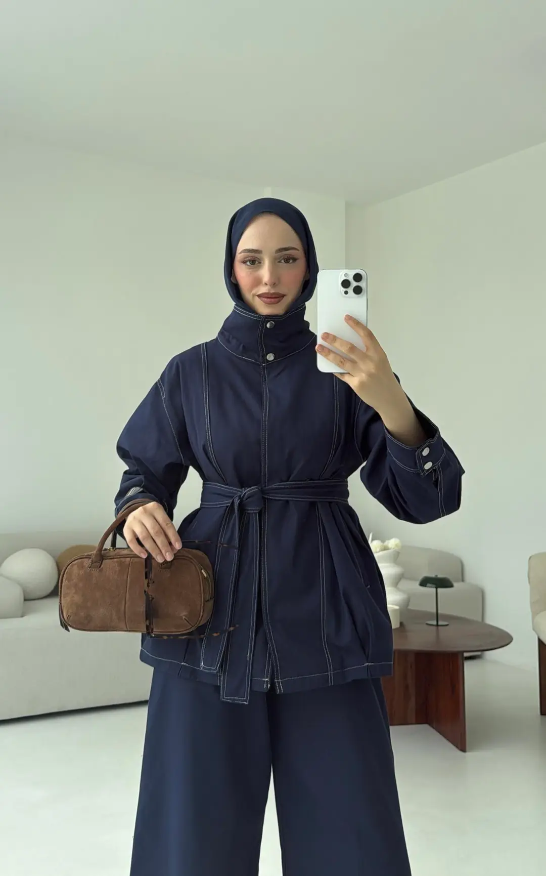 Kontrast Dikişli Gabardin Takım Lacivert