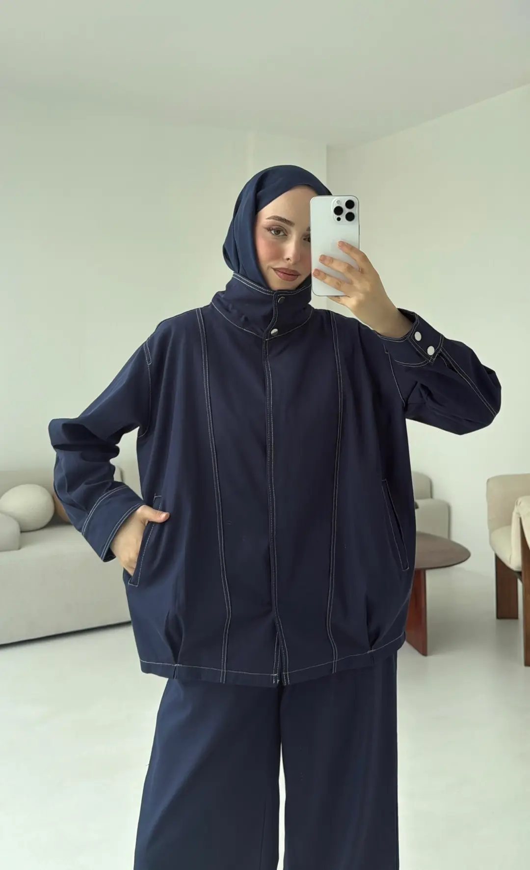 Kontrast Dikişli Gabardin Takım Lacivert