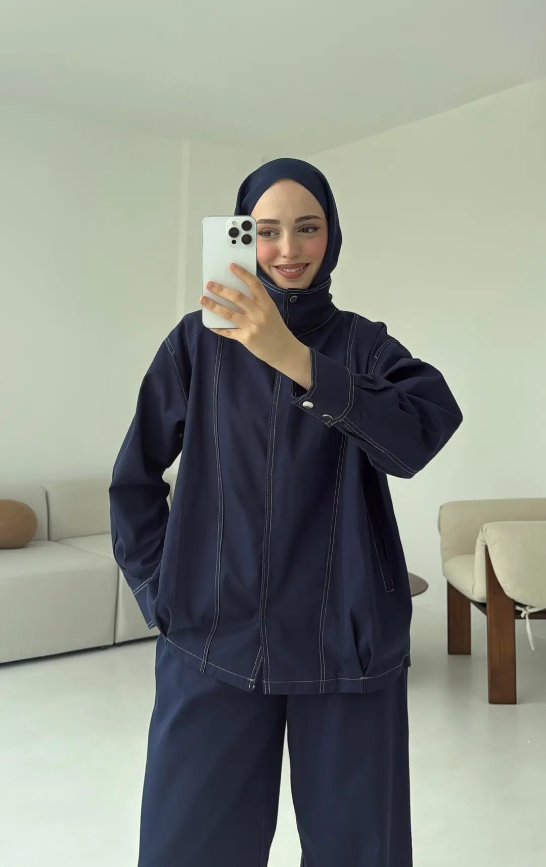 Kontrast Dikişli Gabardin Takım Lacivert