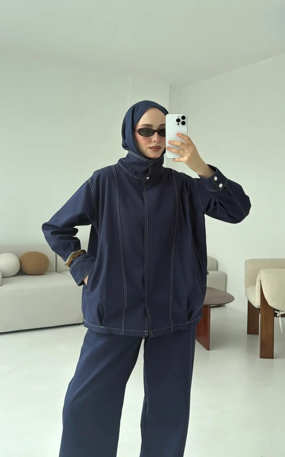 Kontrast Dikişli Gabardin Takım Lacivert