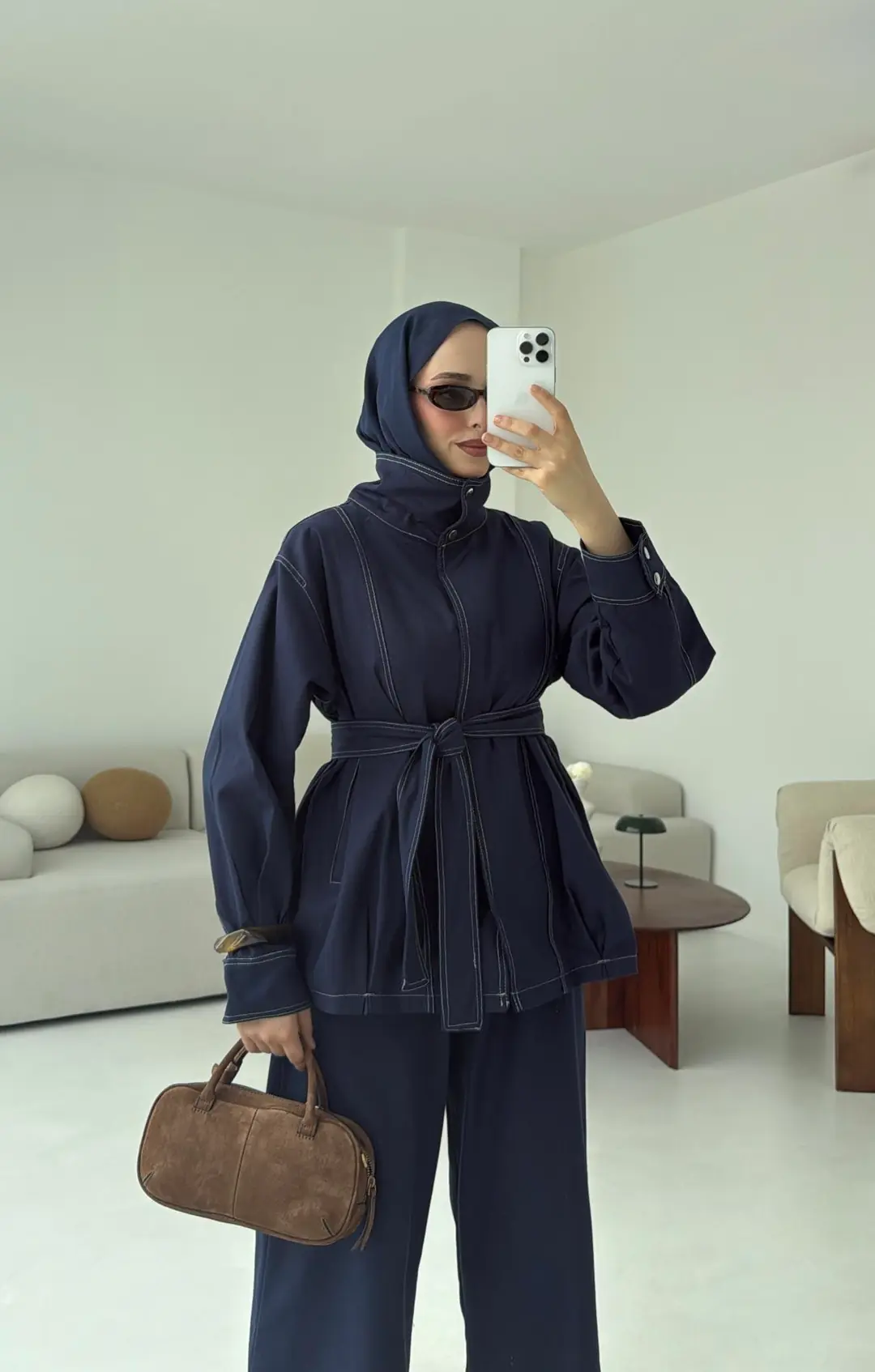 Kontrast Dikişli Gabardin Takım Lacivert