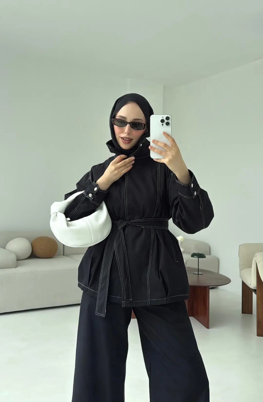 Kontrast Dikişli Gabardin Takım Siyah