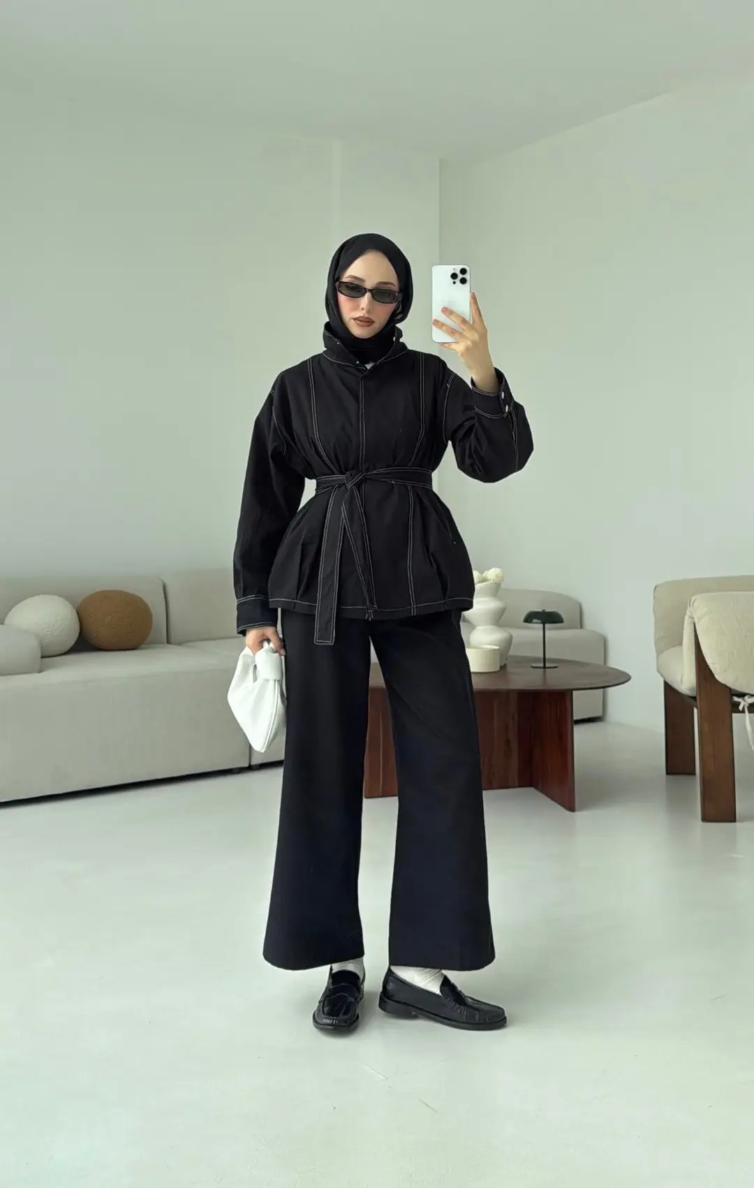 Kontrast Dikişli Gabardin Takım Siyah