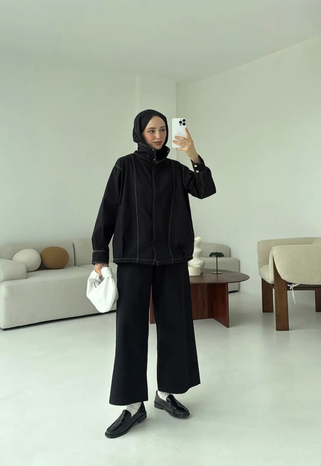 Kontrast Dikişli Gabardin Takım Siyah