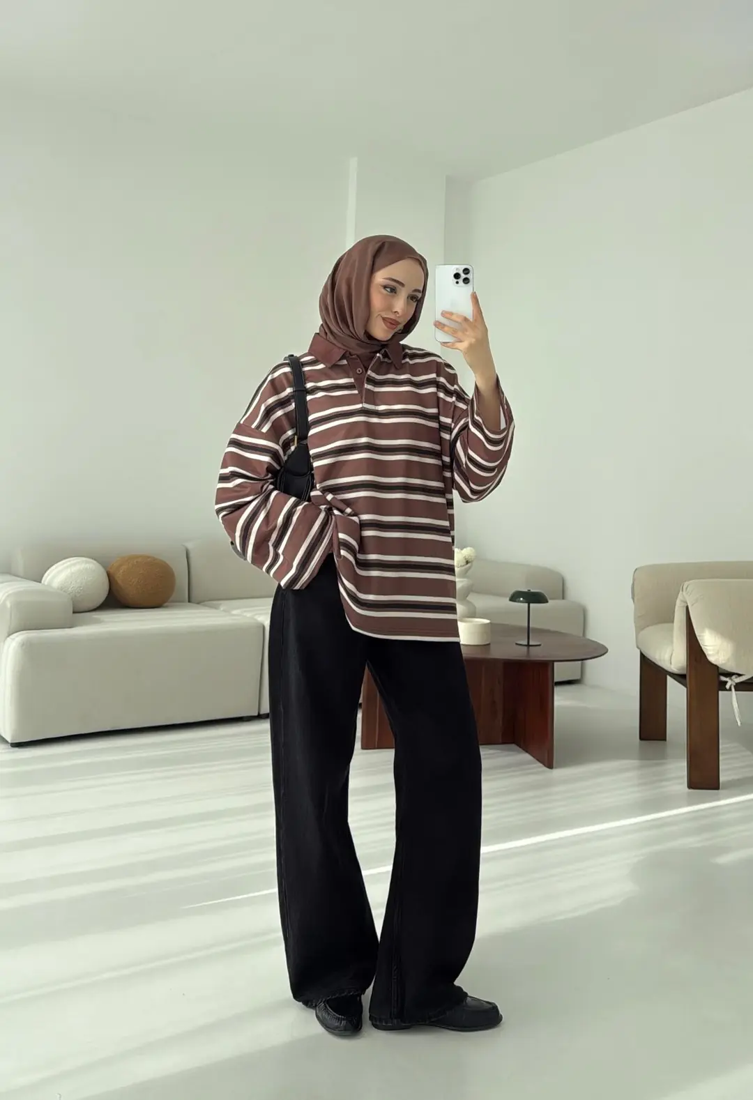 Kahve Çizgili Polo Yaka Sweatshrt