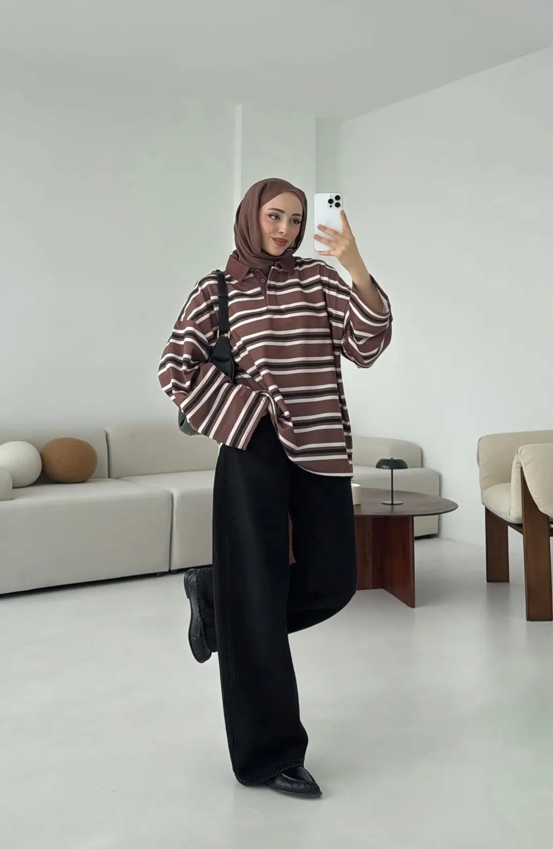 Kahve Çizgili Polo Yaka Sweatshrt