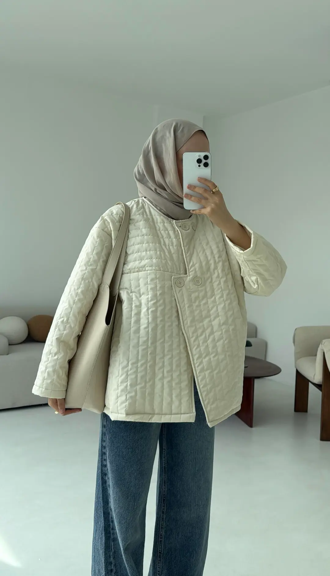 Kapitone Astarlı Ceket Krem