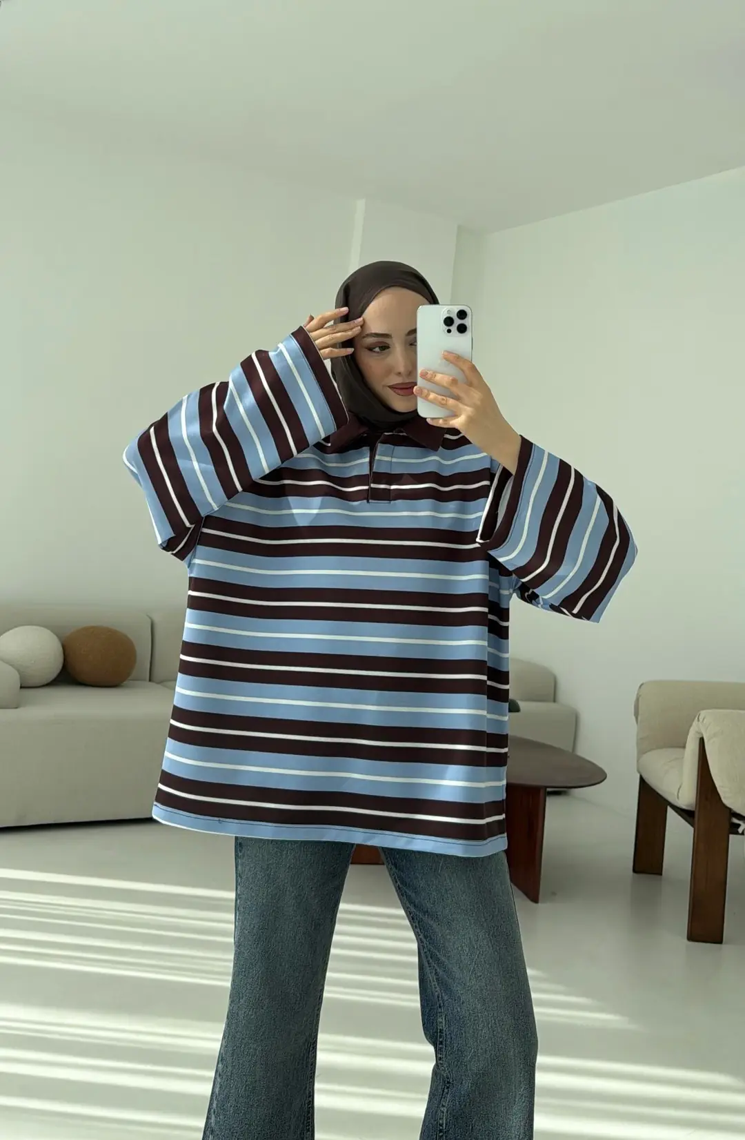 Mavi Çizgili Polo Yaka Sweatshrt