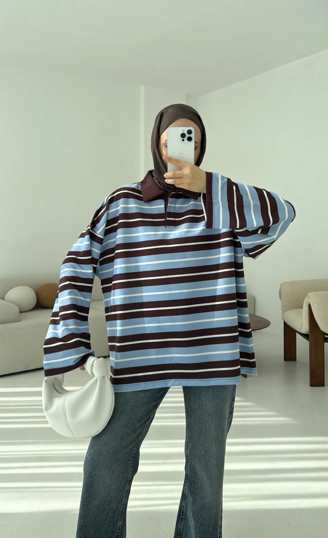 Mavi Çizgili Polo Yaka Sweatshrt