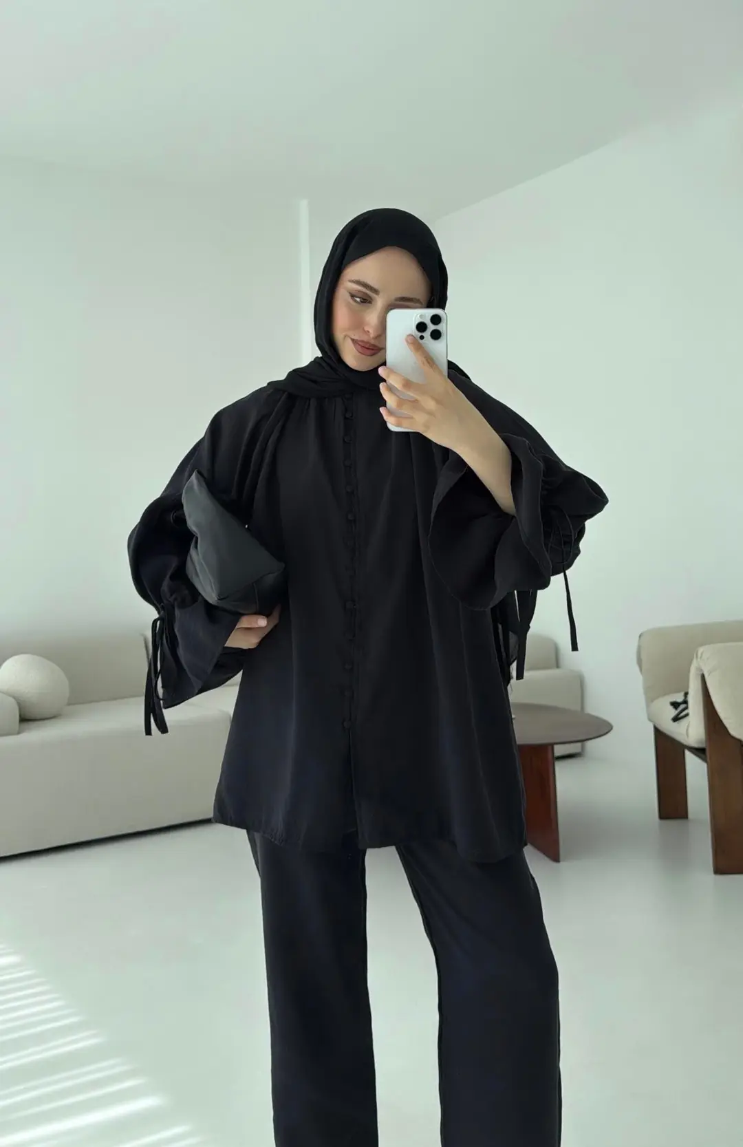 Birit Düğmeli Tencel Takım Siyah
