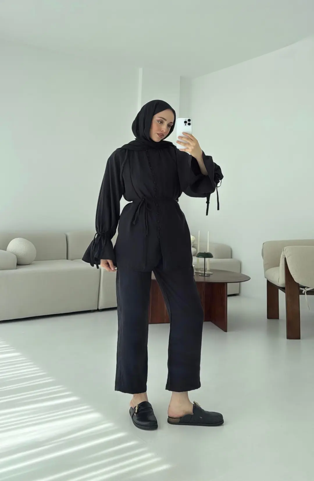 Birit Düğmeli Tencel Takım Siyah
