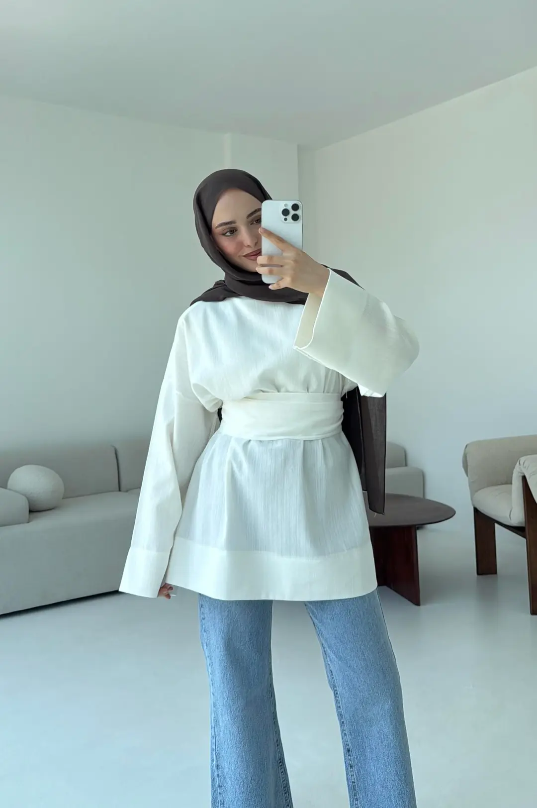 Kuşaklı Keten Bluz Beyaz
