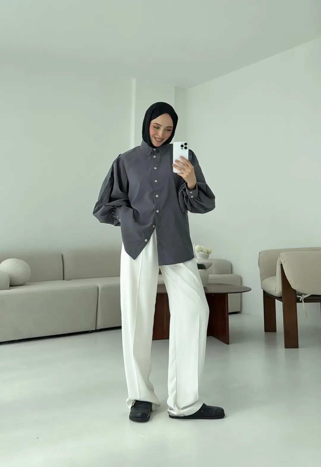 Cotton Balon Kol Gömlek Gri