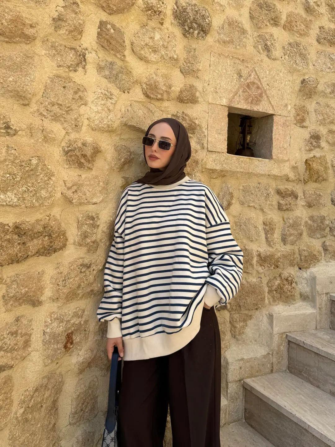 Çizgili Oversize Sweatshirt Lacivert
