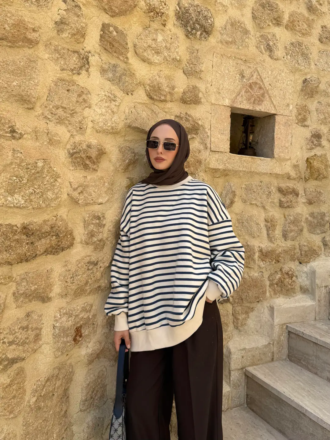 Çizgili Oversize Sweatshirt Lacivert