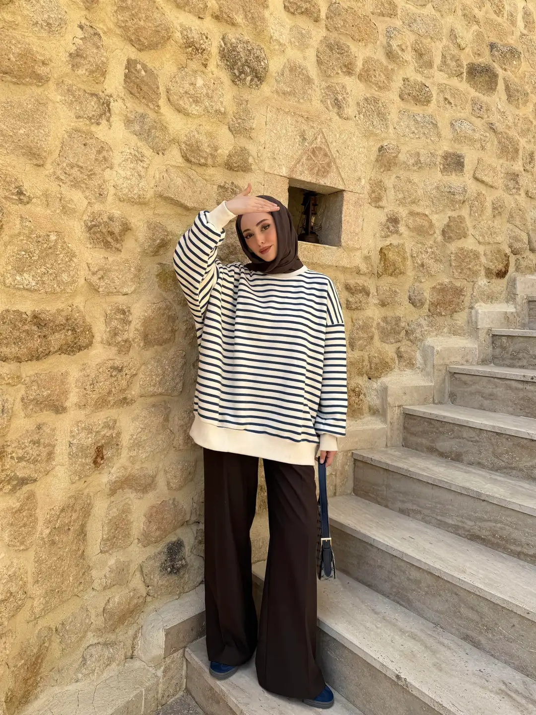 Çizgili Oversize Sweatshirt Lacivert