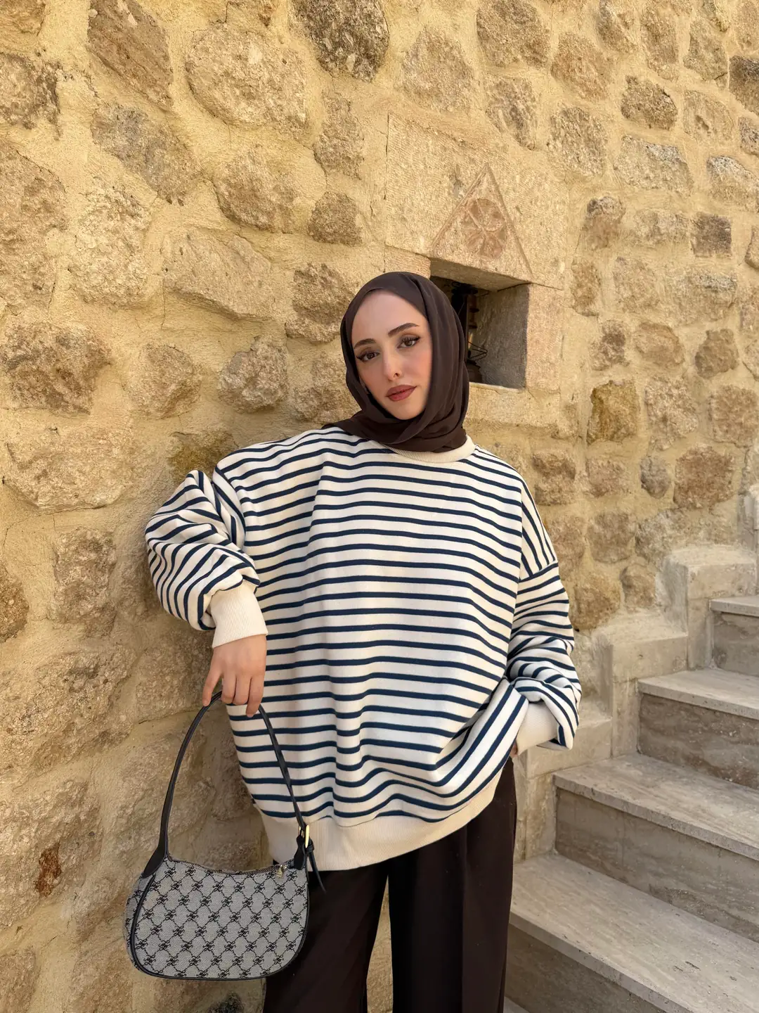 Çizgili Oversize Sweatshirt Lacivert