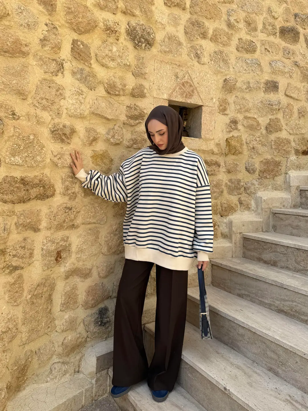 Çizgili Oversize Sweatshirt Lacivert