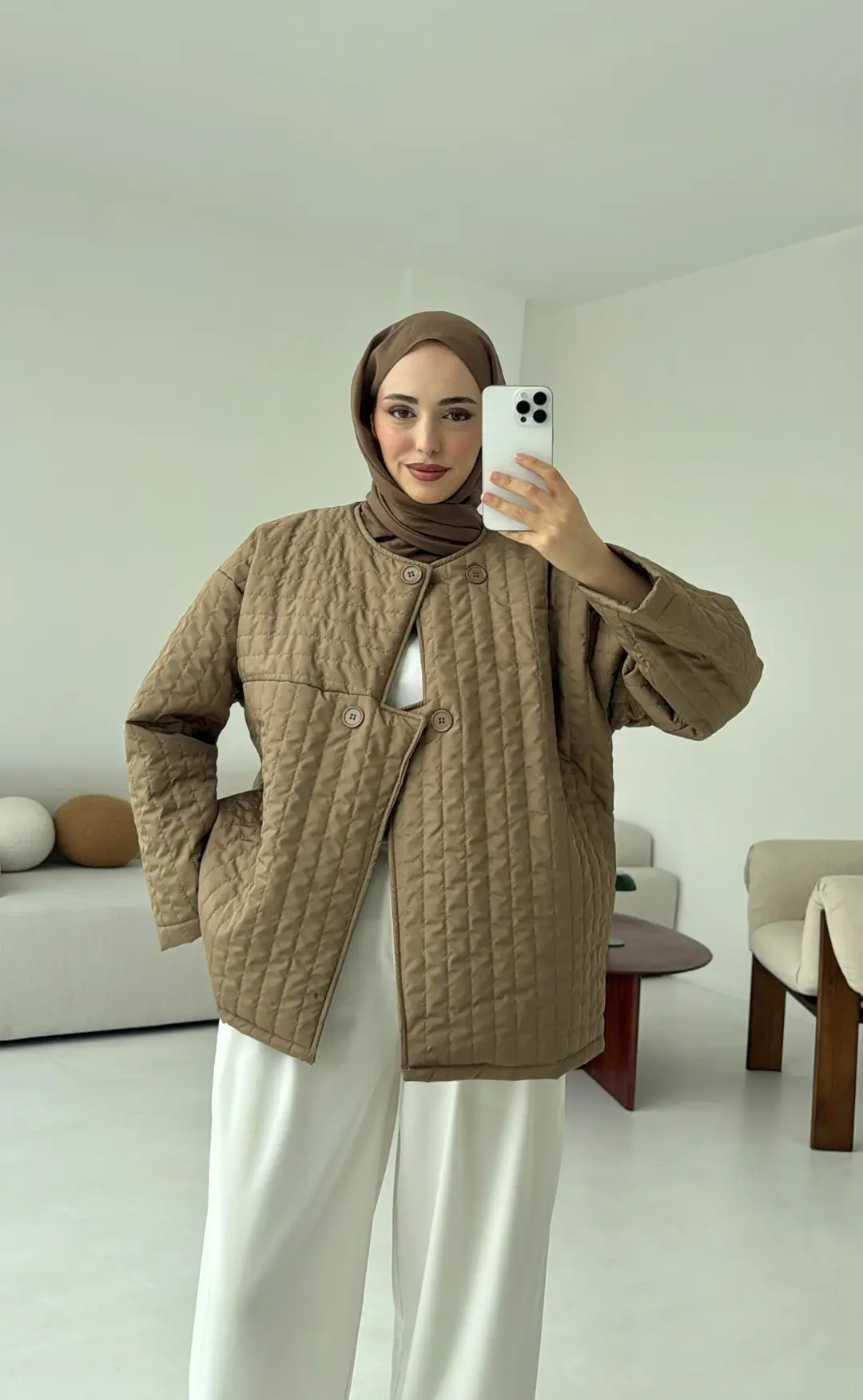 Kapitone Astarlı Ceket Acık Kahve