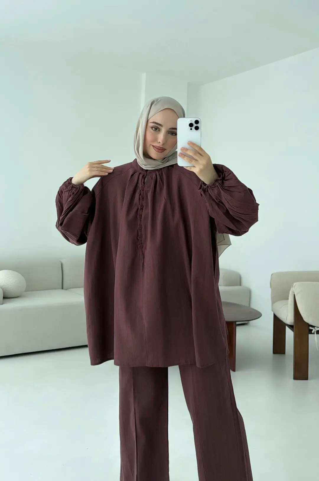 Yarım Düğme Detaylı Takım Kiremit