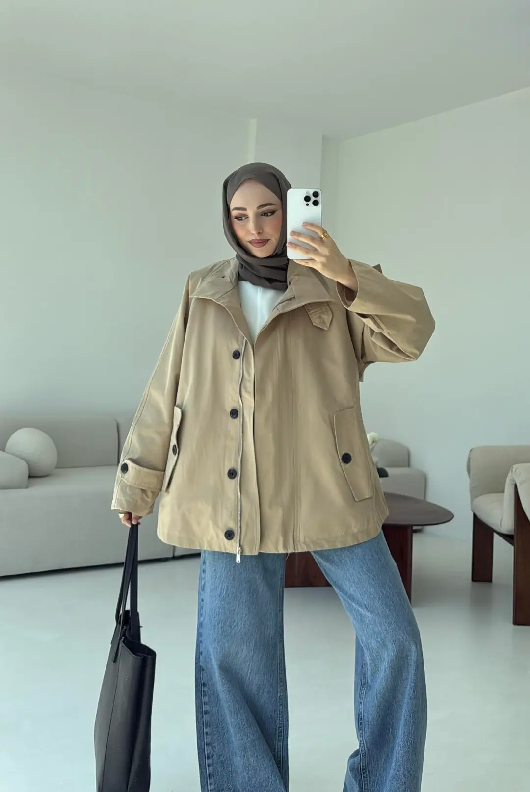 Minimal Yakalı Trençkot Bej