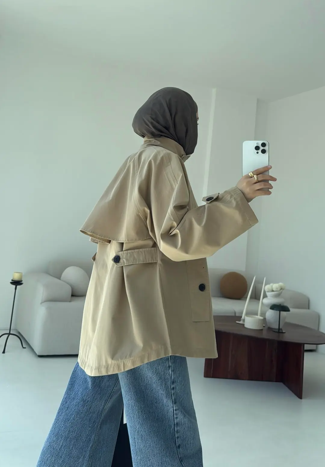 Minimal Yakalı Trençkot Bej