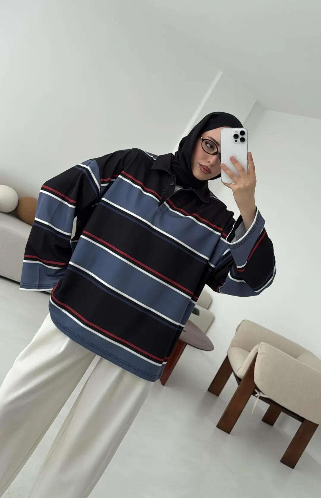 Lacivert Çizgili Polo Yaka Sweatshrt